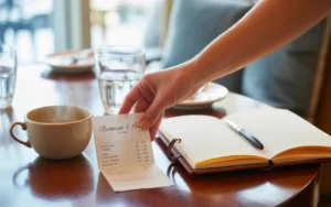 Main plaçant un ticket de caisse sur une table élégante de restaurant avec tasse de café et carnet ouvert, scène mettant en avant la tva en restauration, ambiance chic et professionnelle, lumière naturelle douce.