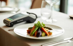 Assiette raffinée de restaurant joliment dressée, photographie en gros plan illustrant la tva en restauration, terminal de paiement flouté en arrière-plan, ambiance chaleureuse et décor soigné.