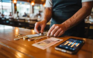 Plan de travail de restaurant moderne en bois, main de restaurateur triant billets et pièces près d’une calculatrice et d’un ticket flou, ambiance chaude et bokeh, illustration du cash flow restaurant.