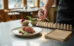 Vignette photo réaliste en légère plongée montrant une assiette gastronomique, une main calculant au stylo sur carnet vierge avec calculatrice sans chiffres, ingrédients frais et coupelles d’épices, balance de cuisine et terminal de paiement, illustrant le calcul prix de vente restaurant.