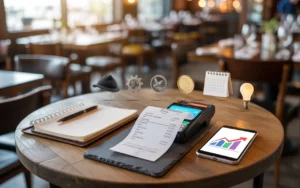Vignette photoréaliste en restaurant moderne à l’heure creuse : ticket sans texte, ardoise, terminal de paiement, carnet et calculatrice sur table en bois, smartphone avec graphiques sans chiffres et cinq petits objets symboliques, illustrant le seuil de rentabilité restaurant.