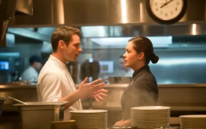 Serveuse et cuisinier en cuisine professionnelle coordonnant le service, planning flouté et horloge analogique sans chiffres, illustrant le temps de travail restauration en 2026.