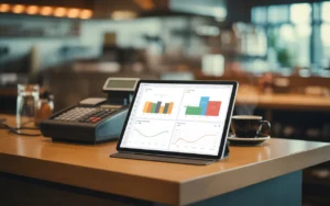 Tablette sur comptoir en bois affichant un tableau de bord restaurant avec graphiques colorés et KPI abstraits, café et ticket flou, arrière-plan de salle de restaurant bokeh éclairage chaud.