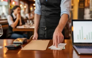 Chef gérant dans un restaurant contemporain français, table en bois avec facture neutre, terminal de paiement, calculatrice et laptop aux graphiques abstraits, enveloppe et espèces suggérant des aides financières restaurant, ambiance chaude cinématique avec bokeh.