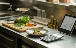 Vignette photo réaliste premium de plan de travail de cuisine en légère plongée avec assiette gastronomique, ingrédients frais, calculatrice et tablette à graphiques abstraits, ticket et monnaie flous, carnet vierge et balance, éclairage chaleureux — Compta Resto.