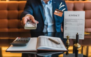 Compta Resto : main d’entrepreneur remettant une enveloppe à un dossier financier sur table de restaurant moderne, avec contrat à signer, tampon et balance de justice, symbole d’absence d’emprunt bancaire (carte coupée), ambiance chaude photoréaliste.