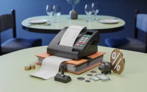 Illustration 3D moderne d’un comptoir de restaurant avec terminal de caisse, dossiers comptables, deux classeurs bleu et vert en choix fiscal, balance de décision, pièces et tirelire pour trésorerie et jeton pour TVA — Compta Resto