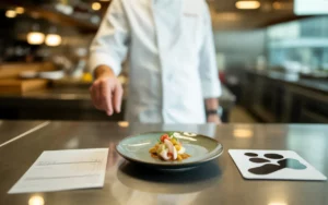 Compta Resto : assiette de repas sur plan de travail en cuisine de restaurant moderne, avec fiche de paie floutée, calculatrice, tampon et quelques pièces, ambiance conformité et paie, arrière-plan chef flou.