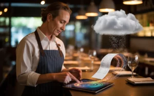 Compta Resto : restaurateur en cuisine moderne consulte une tablette avec facture électronique abstraite, ticket papier se transformant en flux numérique vers un cloud, arrière-plan restaurant flou et deux repères calendrier sans chiffres (2026-2027).