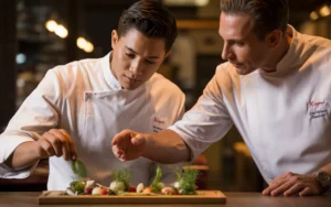 Compta Resto : apprenti cuisinier et chef en formation dans un restaurant moderne, planche d’ingrédients et documents administratifs floutés avec calculatrice, presse-papiers et smartphone à graphiques abstraits sur le comptoir.