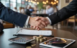 Compta Resto : poignée de main sur table en bois clair dans un bureau moderne, dossier de contrat ouvert avec tampon et stylo, calculatrice et pièces, tablette avec graphiques abstraits, restaurant flou en arrière-plan.