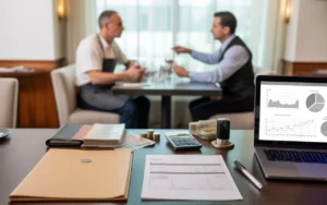 Compta Resto : table avec documents comptables, calculatrice et ordinateur portable devant un restaurant français après sinistre léger, restaurateur et expert d’assurance en arrière-plan.