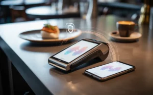 Compta Resto : vignette photoréaliste d’un comptoir de restaurant moderne avec caisse/TPV, terminal de paiement et smartphone en paiement sans contact, icônes HUD abstraites (nuage, bouclier, validation, flux de données, facture) suggérant e-invoicing, e-reporting et digitalisation de la TVA, sans texte.