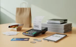 Illustration photoréaliste Compta Resto : bureau de comptable en vue plongeante avec calculatrice, TPE, facture et reçu floutés, smartphone à interface de livraison abstraite, graphique sans chiffres, pièces, carte bancaire et sac kraft de restauration, sans texte ni logo.