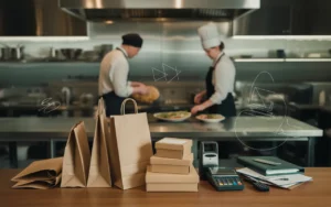 Compta Resto : cuisine professionnelle inox de dark kitchen avec sacs kraft et boîtes de livraison, terminal de paiement flou, calculatrice, tampon et documents comptables illisibles, cuisiniers en arrière-plan, éclairage cinématographique.