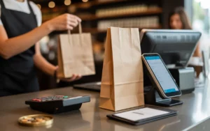 Compta Resto : comptoir de restaurant moderne en légère plongée avec sac kraft à emporter, terminal de paiement, smartphone de commande, ticket illisible, calculatrice, tablette avec graphiques flous et retrait Click & Collect en arrière-plan.