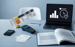 Compta Resto : bureau moderne en légère plongée avec TPE, tickets restaurant stylisés, classeur de comptabilité et relevé bancaire abstraits, calculatrice, carte bancaire, pièces symbolisant commissions, horloge sans chiffres et traits lumineux de rapprochement bancaire sur fond bleu pétrole.