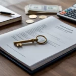 Compta Resto : nature morte premium d’un bail commercial de restaurant avec dossier, clé, tampon, calculatrice, pièces et dépôt de garantie sur bureau en bois foncé