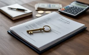 Compta Resto : nature morte premium d’un bail commercial de restaurant avec dossier, clé, tampon, calculatrice, pièces et dépôt de garantie sur bureau en bois foncé