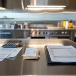 Vignette 16:9 photoréaliste Compta Resto : calculatrice, factures vierges et dossier comptable au premier plan, reçus (charges) et classeur (immobilisation), cuisine professionnelle en aménagement inox légèrement floue, lumière naturelle douce, style corporate moderne sans texte ni logo.