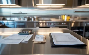 Vignette 16:9 photoréaliste Compta Resto : calculatrice, factures vierges et dossier comptable au premier plan, reçus (charges) et classeur (immobilisation), cuisine professionnelle en aménagement inox légèrement floue, lumière naturelle douce, style corporate moderne sans texte ni logo.