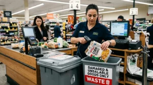 Caissier scannant un produit endommagé et le jetant dans une poubelle de déchets marquée en caisse de supermarché, photo Compta Resto