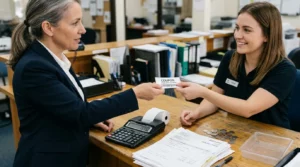 Compta Resto : comptable remettant un coupon à un caissier, avec calculatrice, reçus vierges, pièces et factures papier sur un bureau