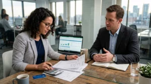 Compta Resto : personne vérifiant des relevés bancaires avec carte de crédit, calculatrice et ordinateur portable lors d’un rendez-vous avec un conseiller.