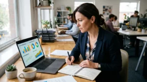 Manager analysant des graphiques de ventes colorés sur ordinateur portable avec carnet, Compta Resto