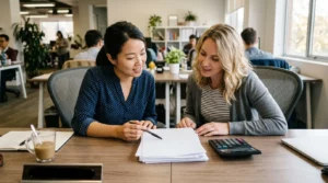 Photo naturelle de deux collègues examinant des documents vierges avec calculatrice et stylo sur un bureau, Compta Resto