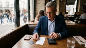 Compta Resto : cadre d’entreprise à table au restaurant examinant un reçu vierge avec calculatrice et carte bancaire, en lumière naturelle