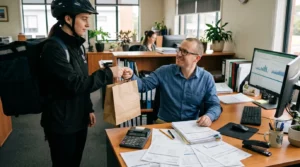 Bureau de comptable avec calculatrice et factures, livreur remettant un sac de repas — Compta Resto