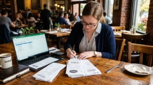 Compta Resto : comptable analysant des reçus de réservations de restaurant près d’un ordinateur portable et d’une fourchette sur une table en bois