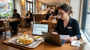 Compta Resto : employé de paie analysant un bulletin de salaire sur ordinateur portable à côté d’un plateau repas du personnel dans un restaurant d’hôtel