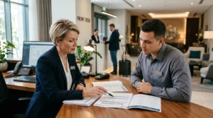 Compta Resto : directeur d’hôtel examinant des documents d’assurance santé avec une employée à la réception, photo naturelle.