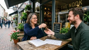 Photo naturelle de l’entrée d’un commerce, échange de clés de main à main et documents de bail sur table – Compta Resto