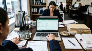 Photo naturelle d’un bureau de comptable en audit avec calculatrice, pièces, factures vierges et ordinateur portable – Compta Resto