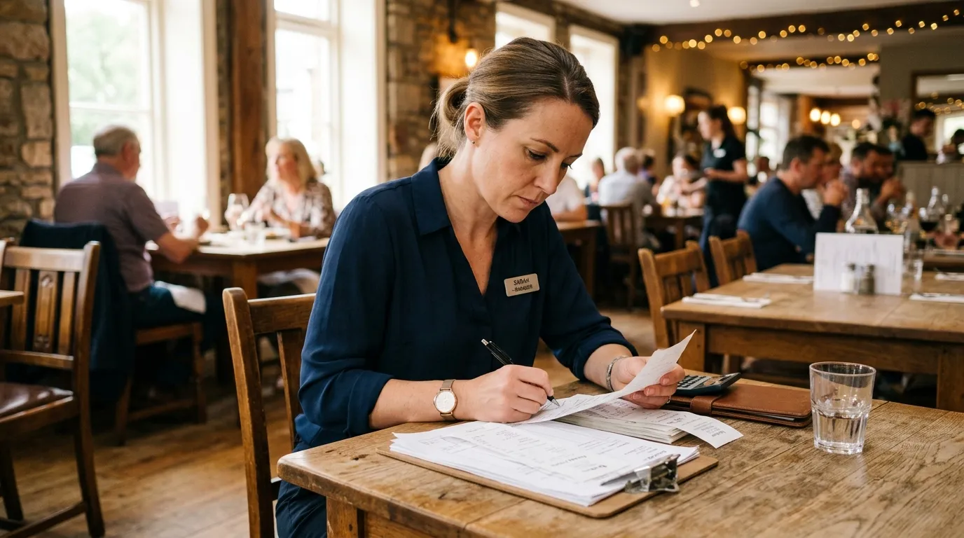 Gérant de restaurant examinant des factures à une table, ambiance naturelle.