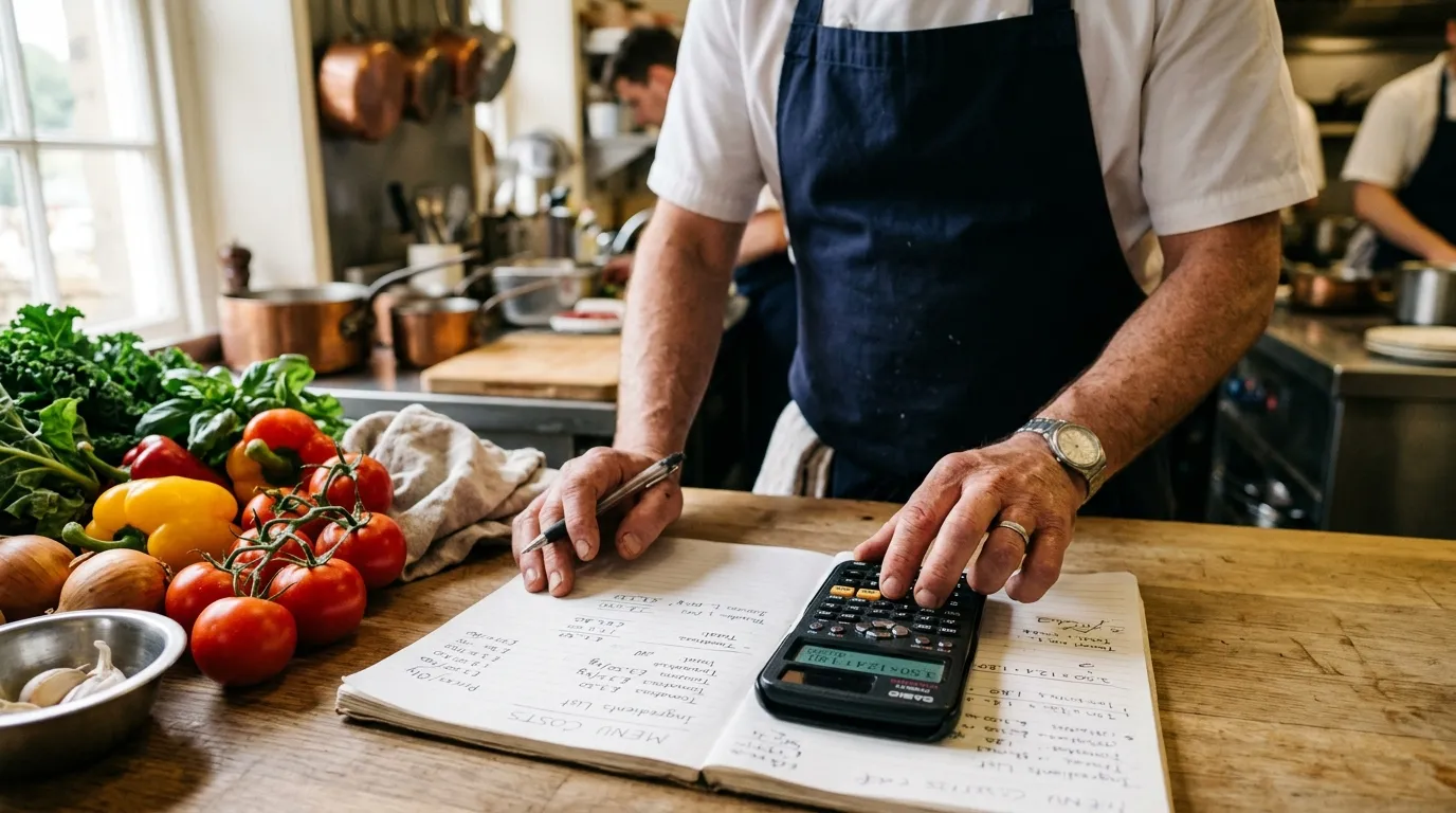 Mains d’un chef calculant le coût matière avec une calculatrice et des légumes frais.