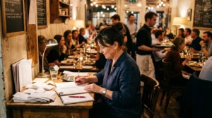 Propriétaire de restaurant examinant des reçus près d'une salle à manger animée.