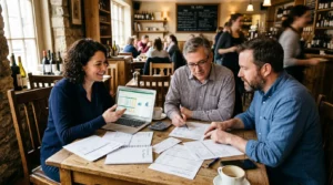Propriétaires de restaurant discutant finances d’un holding autour d’une table, documents visibles.
