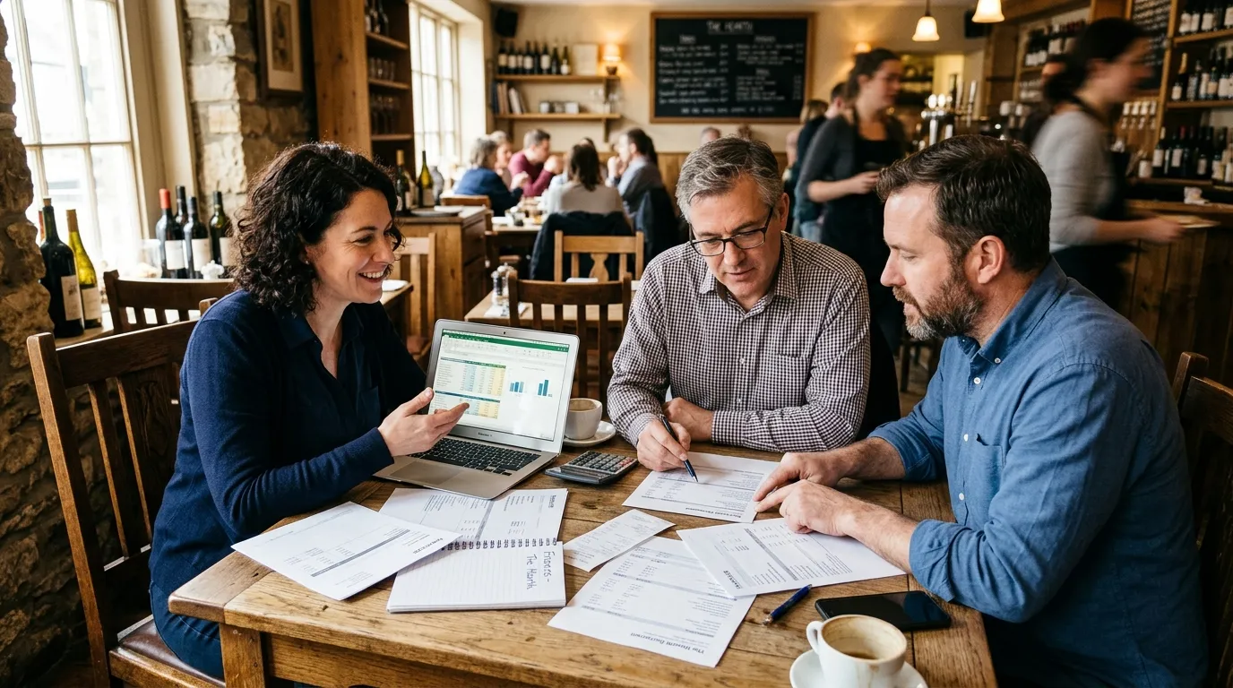 Propriétaires de restaurant discutant finances d’un holding autour d’une table, documents visibles.