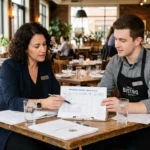 Gérant de restaurant et serveur examinant des documents de salaire à table.