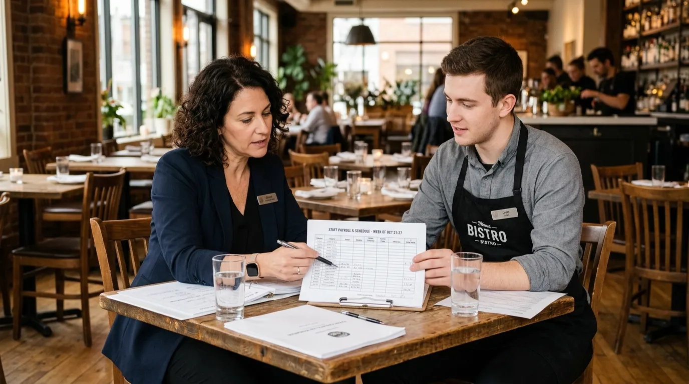 Gérant de restaurant et serveur examinant des documents de salaire à table.