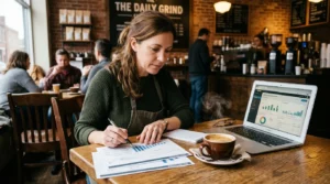 Propriétaire de coffee shop consultant des graphiques près d’un laptop et d’un espresso fumant.