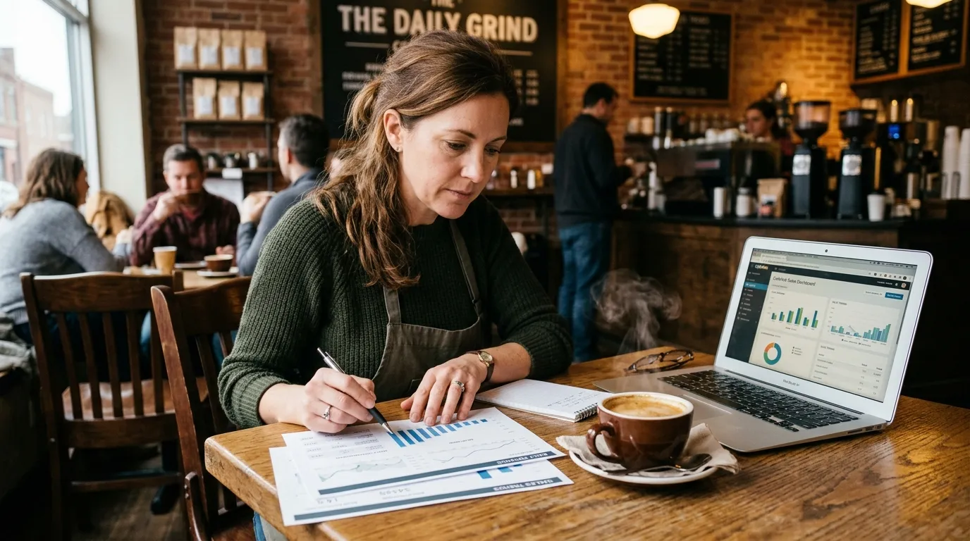 Propriétaire de coffee shop consultant des graphiques près d’un laptop et d’un espresso fumant.