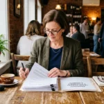 Propriétaire de restaurant consultant des documents immobiliers et fiscaux à une table de café.