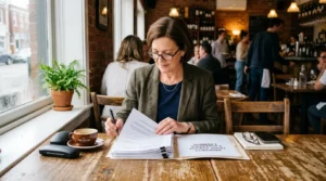 Propriétaire de restaurant consultant des documents immobiliers et fiscaux à une table de café.