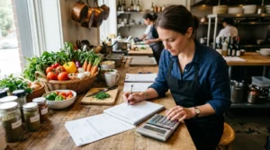 Gérant de restaurant calculant les coûts alimentaires près d’ingrédients frais et calculatrice.