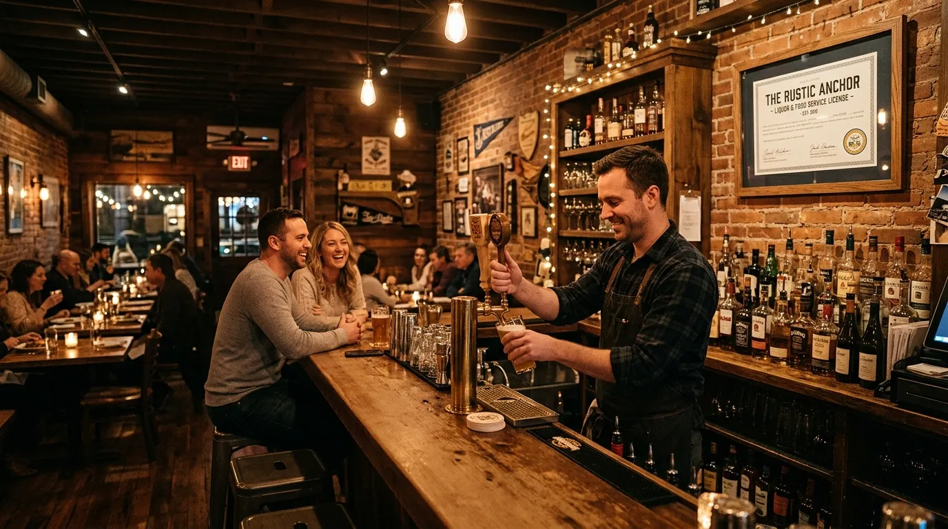 Intérieur chaleureux d’un restaurant, barman servant des boissons près d’un cadre de licence.